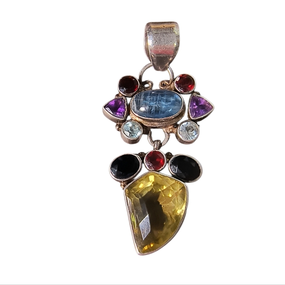 Large Sterling Silver Multi-Gemstone Artisan Statement Pendant - Picture 2 of 10